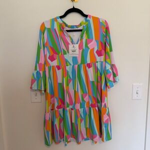 Mary Square Laguna Sea Glass Dress Multi Geometric Tiered Ruffle Mini Small NEW